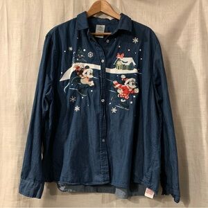 Disney Mickey and Minnie Christmas button down denim size 1xl